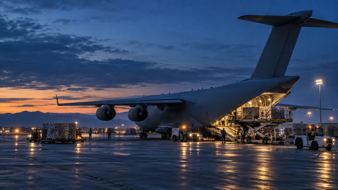 Heavy transport aircraft being loaded with pallets at dusk