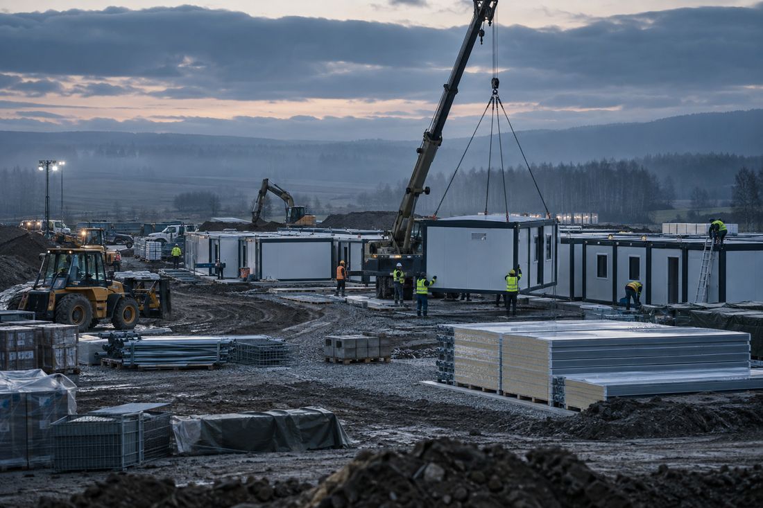 Prefabricated site buildout with crane at a remote location