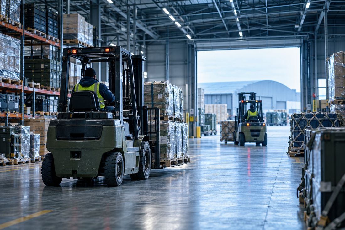 Forklifts moving palletized cargo through a logistics warehouse